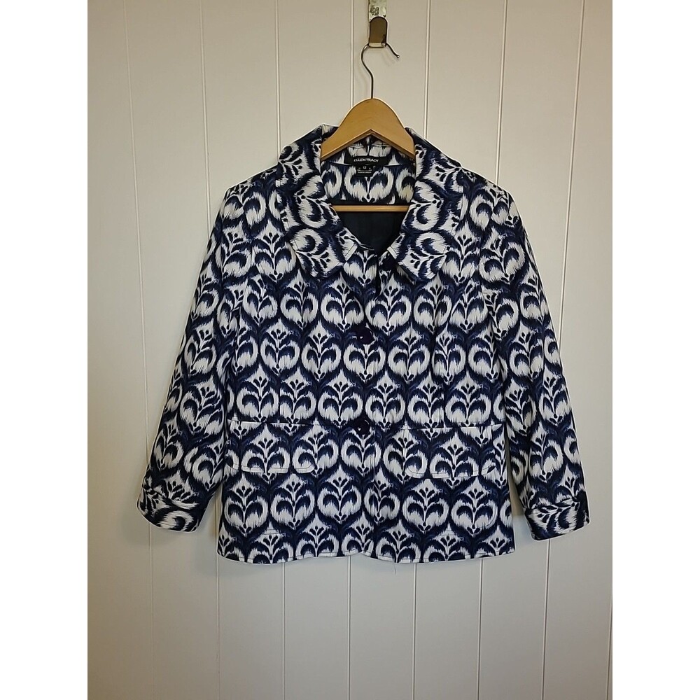 Ellen Tracy Cardigan Jacket Womens Size 12 Blue White Office Career Boho Fall